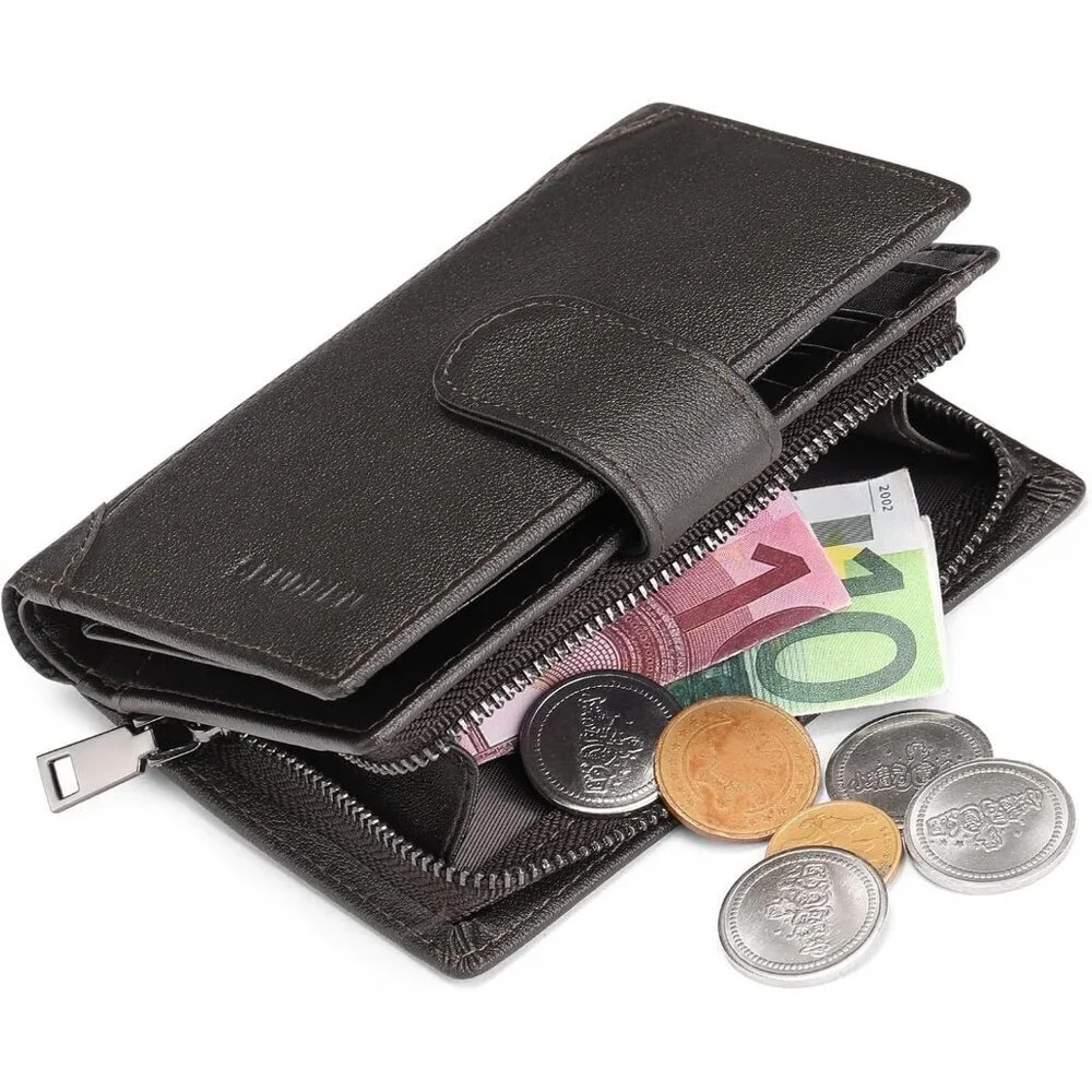 Men's F-Coffee Genuine Leather Bifold Wallet Blocking Credit Card Coin Pocket